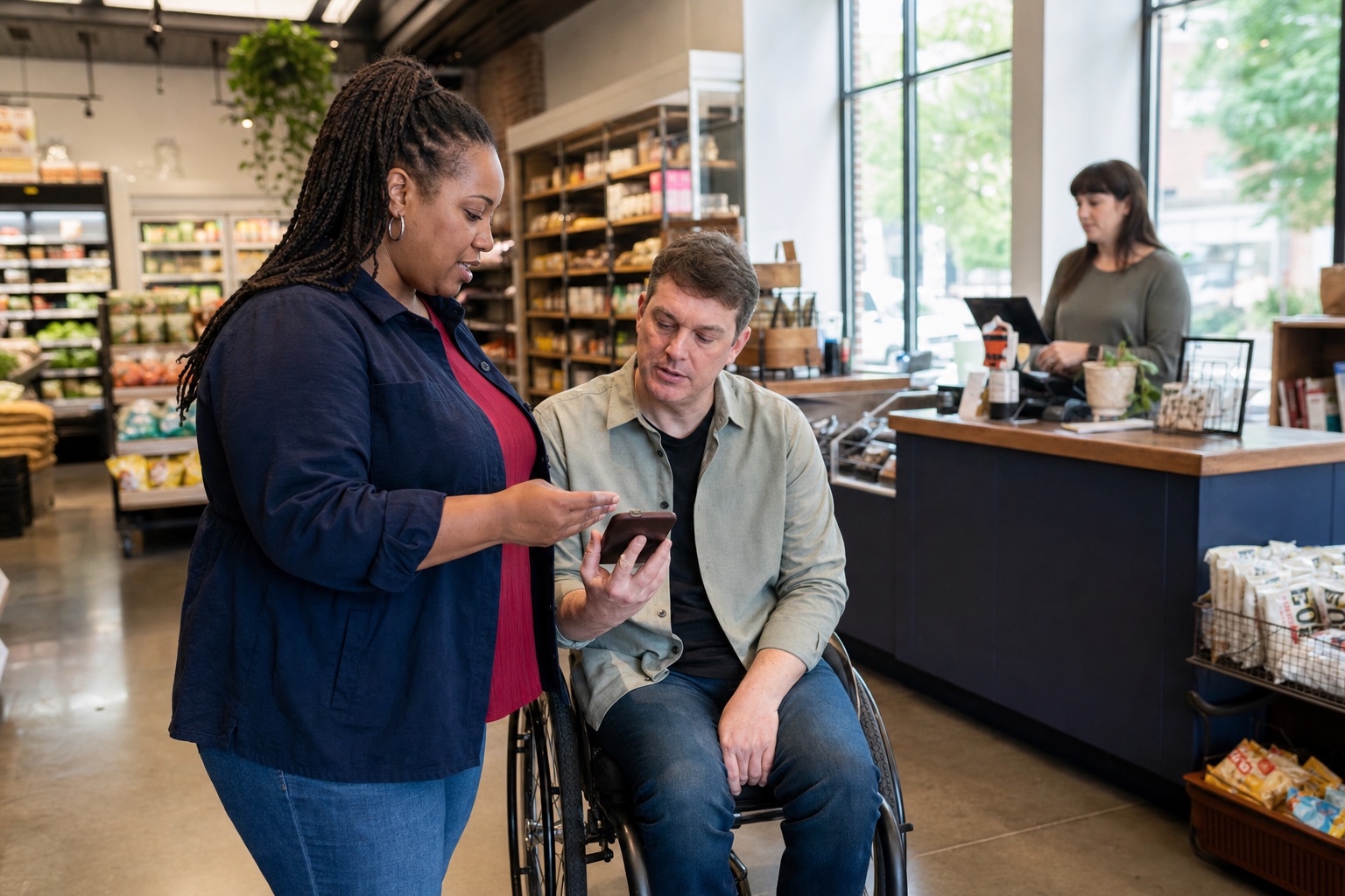 A Black woman disability rights advocate consulting with a white wheelchair user inside a neighborhood store